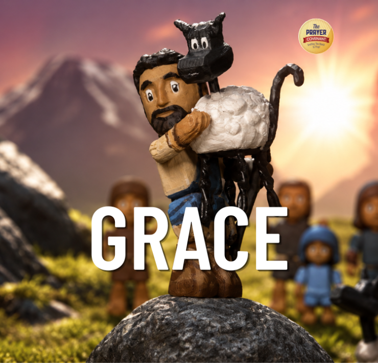 Stop-motion style scene: a man carries a sheep on his shoulders on a rock at sunset, with a crowd of people behind him and the word GRACE in large white letters across the foreground.